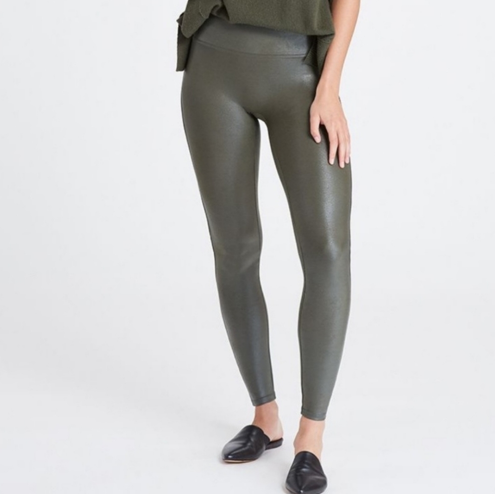 SPANX Faux Leather Leggings in Rich Olive Medium
